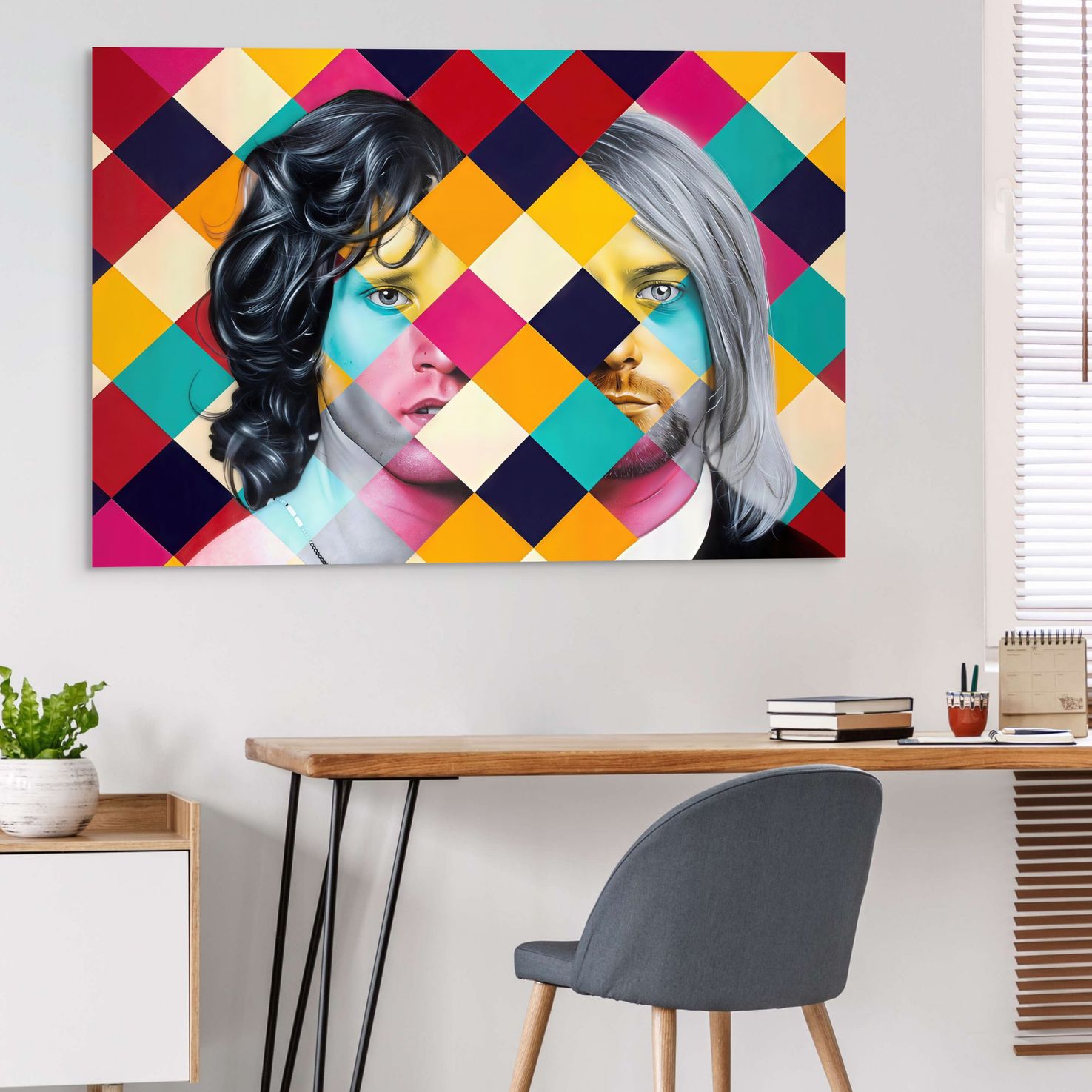 œuvre graphique aux visages croisés en losanges colorés