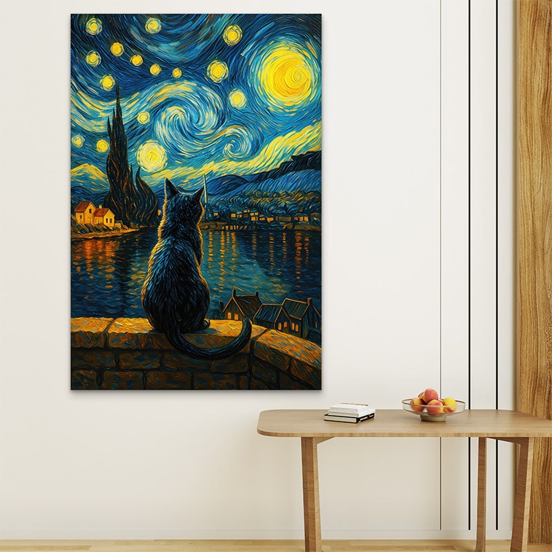 Décoration murale avec un tableau chat rêveur face à une nuit étoilée colorée

