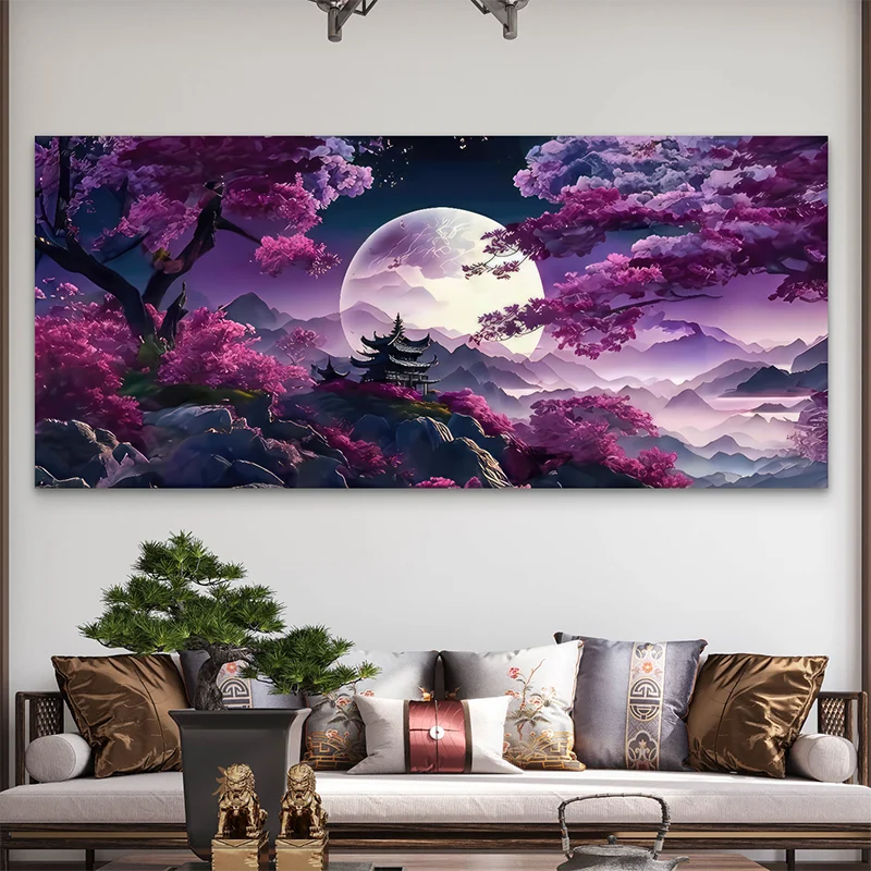 Tableau japonais Rêve Sakura avec paysage féerique et lune pleine

