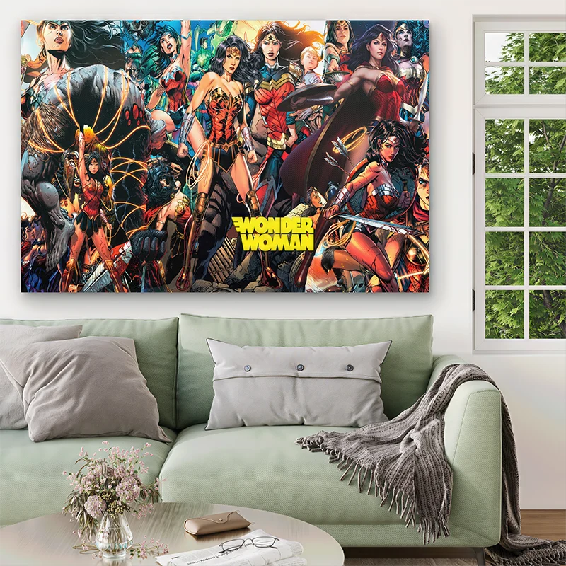 Tableau moderne Wonder Woman avec effets lumineux et détails dynamiques

