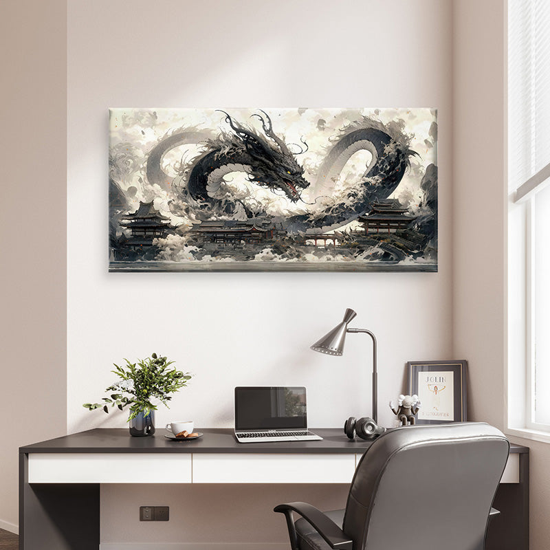 Tableau mural Shenron Sombre accroché au mur d’un salon moderne, style manga et fantasy

