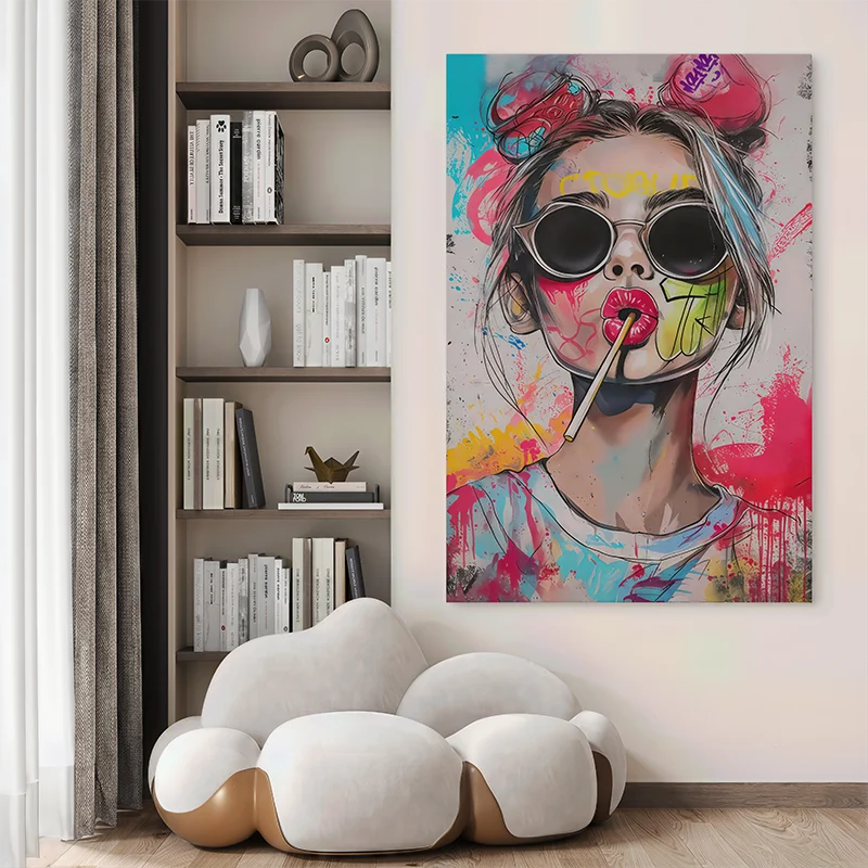 Tableau street art féminin avec lollipop et lunettes

