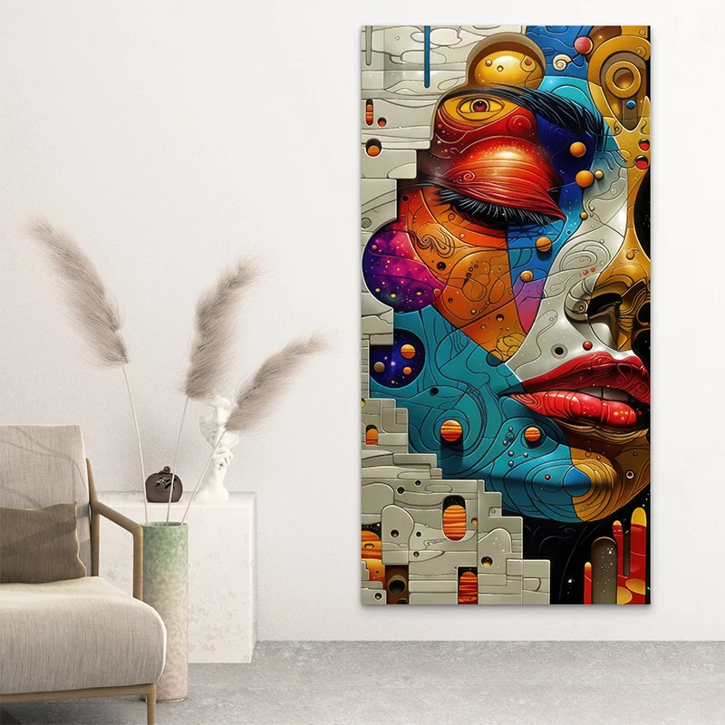 Tableau contemporain coloré visage galactique design mural

